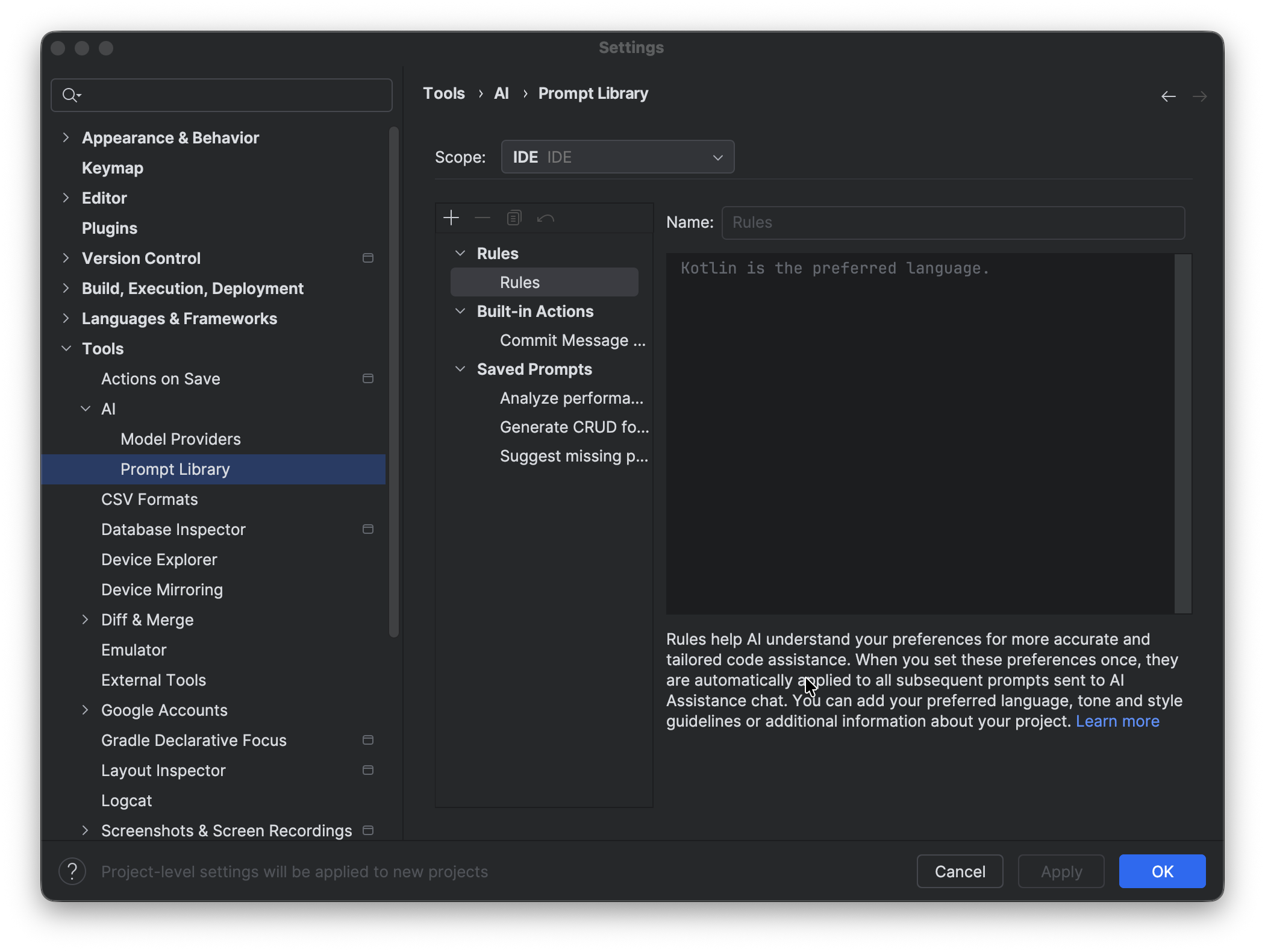 Android Studio“设置”对话框，其中显示了“Gemini > 提示库”下的“规则”编辑器